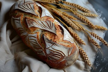 Beautiful designed loaf of bread, top view, setting besides some wheats