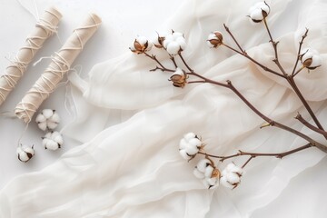 White cotton cloth with a cotton bolls and cotton rolls