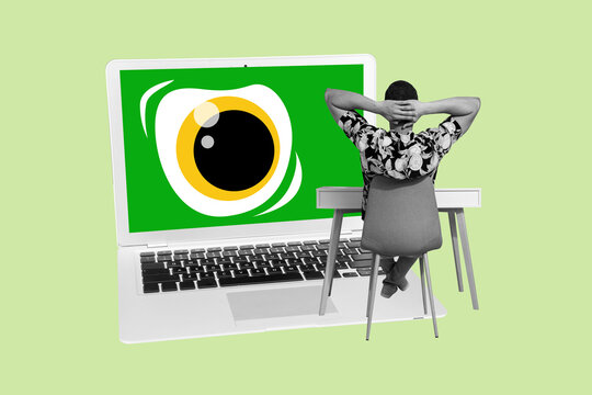 Creative poster collage of young man working process social media spying personal data bizarre unusual fantasy billboard