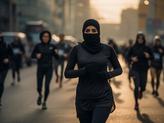 A Muslim woman in a burqa jogs on a marathon track, getting ready for future races