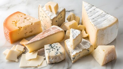 Assortment of Cheese Varieties on White Marble Background