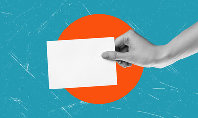 Abstract art collage, modern art collage. Hand with a blank piece of paper.
