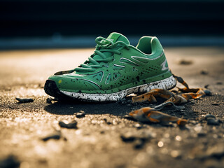 Naklejka premium Green running shoes with large holes are abandoned on a running track