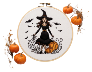 PNG Witch in embroidery style pattern face anthropomorphic.