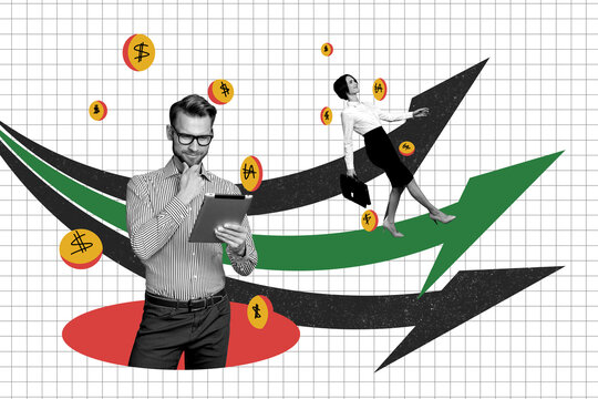 Sketch image trend artwork photo collage of work office trader stats platform graphics earn money coins arrow grow up man lady hold epad