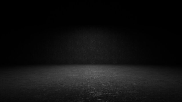 A dark room with black walls and a floor. 3d rendering