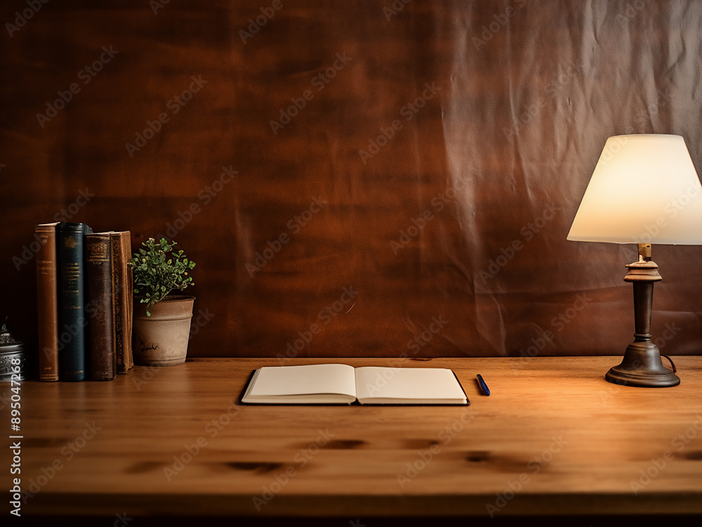 Aufkleber papers and notebooks arranged on a wooden table with a bright texture