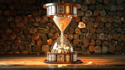 surreal scene of an hourglass where the sand grains are replaced with tiny coins, illustrating the value of time in budgeting