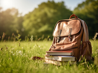 A backpack with books on green grass, conveying a school theme