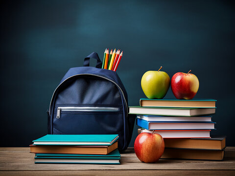 Back to school setup with student backpack, books, and supplies on a desk