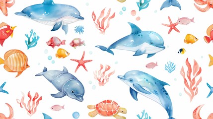 Fototapeta premium Sea Life Watercolor Pattern