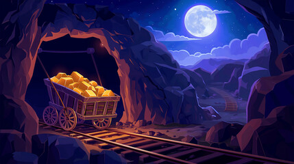 The Gold mine at the night nature landscape with moon, game background, slot background, Illustration