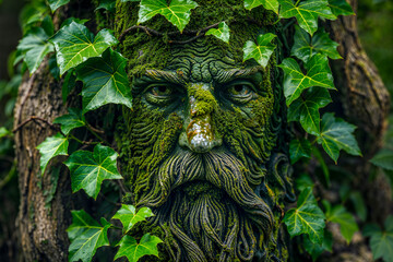 Green Man face in a tree, wood carving