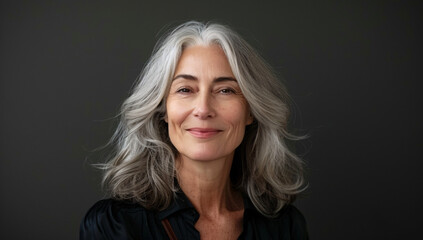 Fototapeta premium Confident middle-aged woman with silver hair and elegant style standing against a black background.