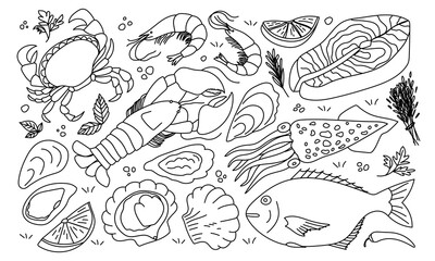 Hand drawn set of seafood elements. Doodle sketch style. Sea food element. Vector illustration for icon, restaurant menu, recipe design.