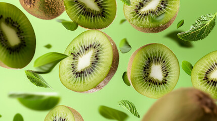 Fototapeta premium kiwi fruit slices falling or floating