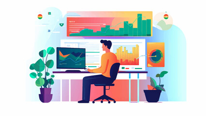 People working on computer, Flat design vector illustration. Flat vector business man working on monitor computer and design concept technology smart working online connect to cloud server network.