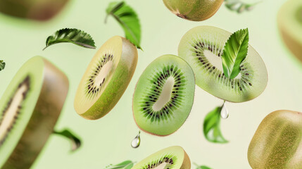 Fototapeta premium kiwi fruit slices falling or floating