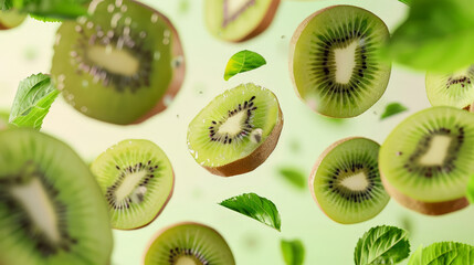Fototapeta premium kiwi fruit slices falling or floating