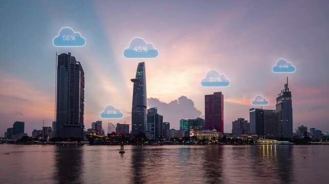 Modern smart city time lapse day to night with animation of energy consumption percentage efficiency above skyscraper building home