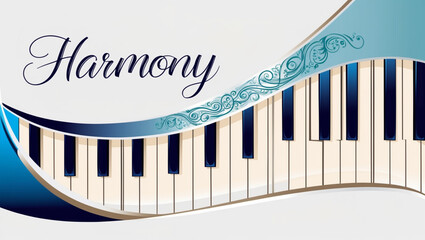 Fototapeta premium Abstract Piano Keys With Blue Swirls and the Word Harmony 