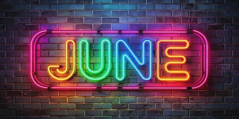 Neon sign of the word JUNE, perfect for adding a pop of color to your summer-themed projects , vibrant, glow, sign