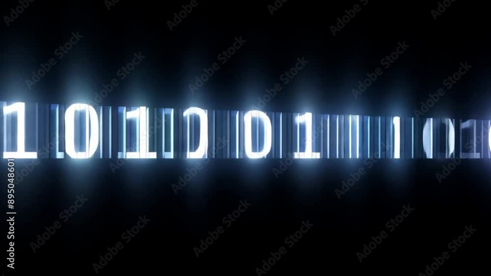 Poster A series of binary code digits illuminate a dark background, with each number emitting a bright, white glow.