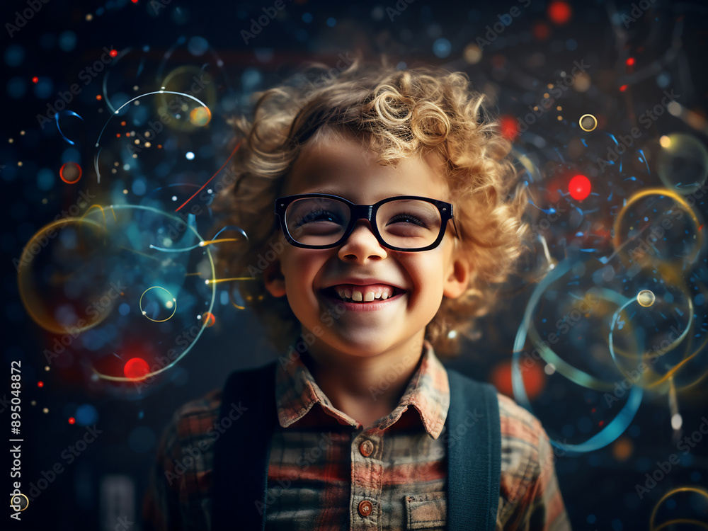 Poster smiling student with math and science doodles in the background
