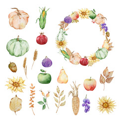 Watercolor autumn wreath with pumpkin, sunflowers, fruits, fall leaves