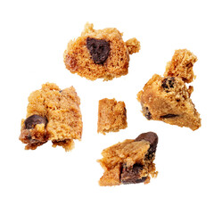 Collection  of Broken chocolate chip cookies   isolated on white background.. Shattered Chocolate Cookies broken in pieces with crumbs..