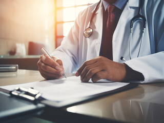 Medical examination with doctor and patient at a hospital office, noting medication history
