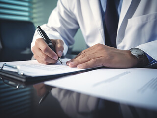 Close-up of a doctor writing a prescription on a desk