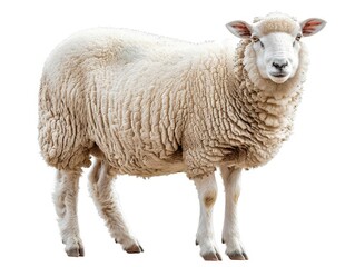 High-resolution image of a fluffy white sheep standing in profile against a white background....