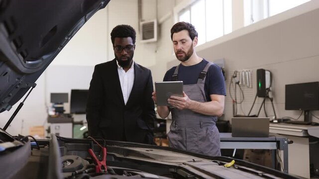 Mechanic wearing overalls discussing car repair details with businessman using digital tablet in workshop. Collaboration, technology, and automobile service concept.