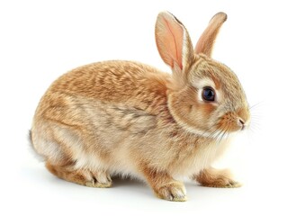 Obraz premium A cute brown rabbit sitting on a white background, showcasing its furry body and large ears in a side profile view.