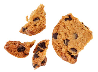 Explotion of Broken chocolate chip cookies   isolated on white background.. Cookies broken in pieces with crumbs.
