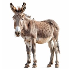 Fototapeta premium A front-facing view of a donkey standing on a white background, showcasing its characteristic furry coat and gentle facial expression.
