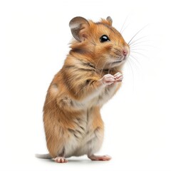 Fototapeta premium Adorable brown hamster standing on its hind legs against a white background, showcasing its whiskers and tiny paws.