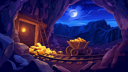 The Gold mine at the night nature landscape with moon, game background, slot background, Illustration