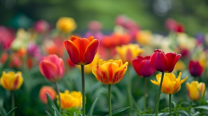 Obraz premium Colorful Tulips Blooming in a Field