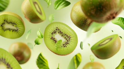 Fototapeta premium kiwi fruit slices falling or floating