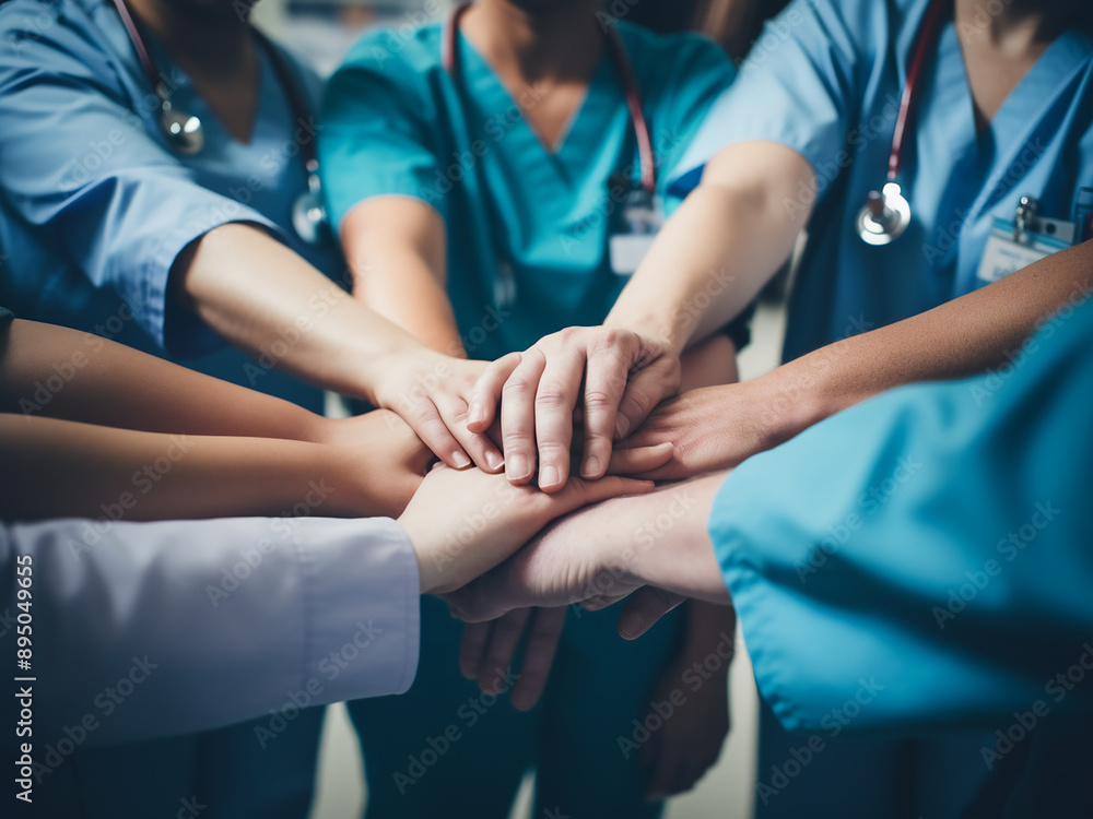 Poster doctors and nurses in a medical team showing unity by stacking hands
