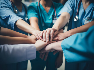 Doctors and nurses in a medical team showing unity by stacking hands