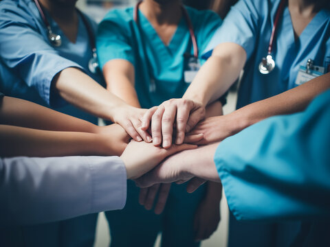 Doctors and nurses in a medical team showing unity by stacking hands