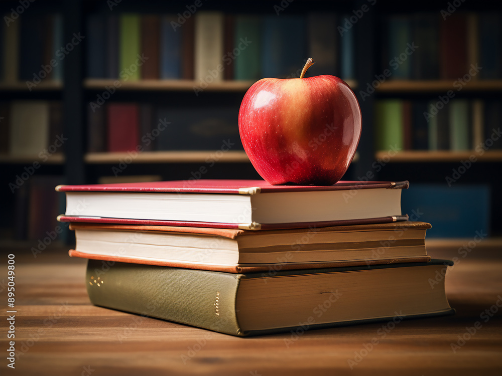 Poster apple symbol and book stack in a classroom setting