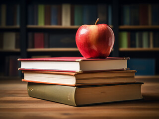 Apple symbol and book stack in a classroom setting