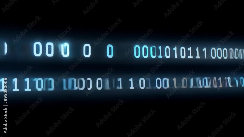 Aufkleber A close-up shot of a digital display screen showing binary code. The code is displayed in white and blue on a black background.