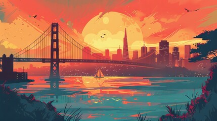 San Francisco skyline retro view. America spirit - California theme. USA background.