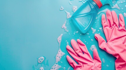 Pink rubber gloves cleaning items blue backdrop Household cleaning theme Overhead view presence of empty space