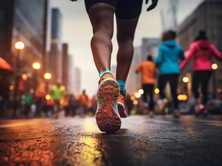 Marathon race with runners feet on city roads
